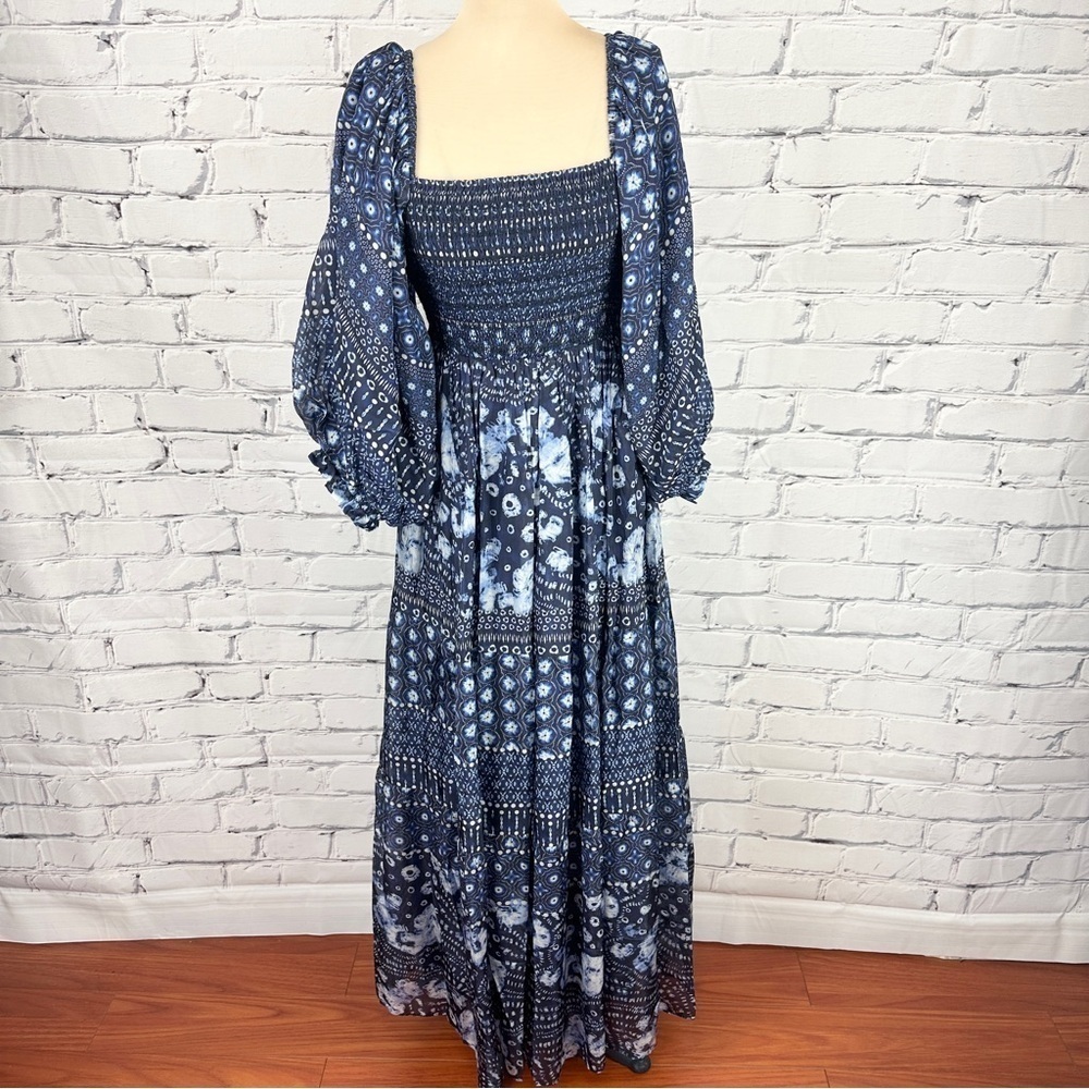 Hale Bob Ilona Silk Chiffon Maxi Dress Floral Small Navy Smocked Puff Sleeve - Picture 2 of 16